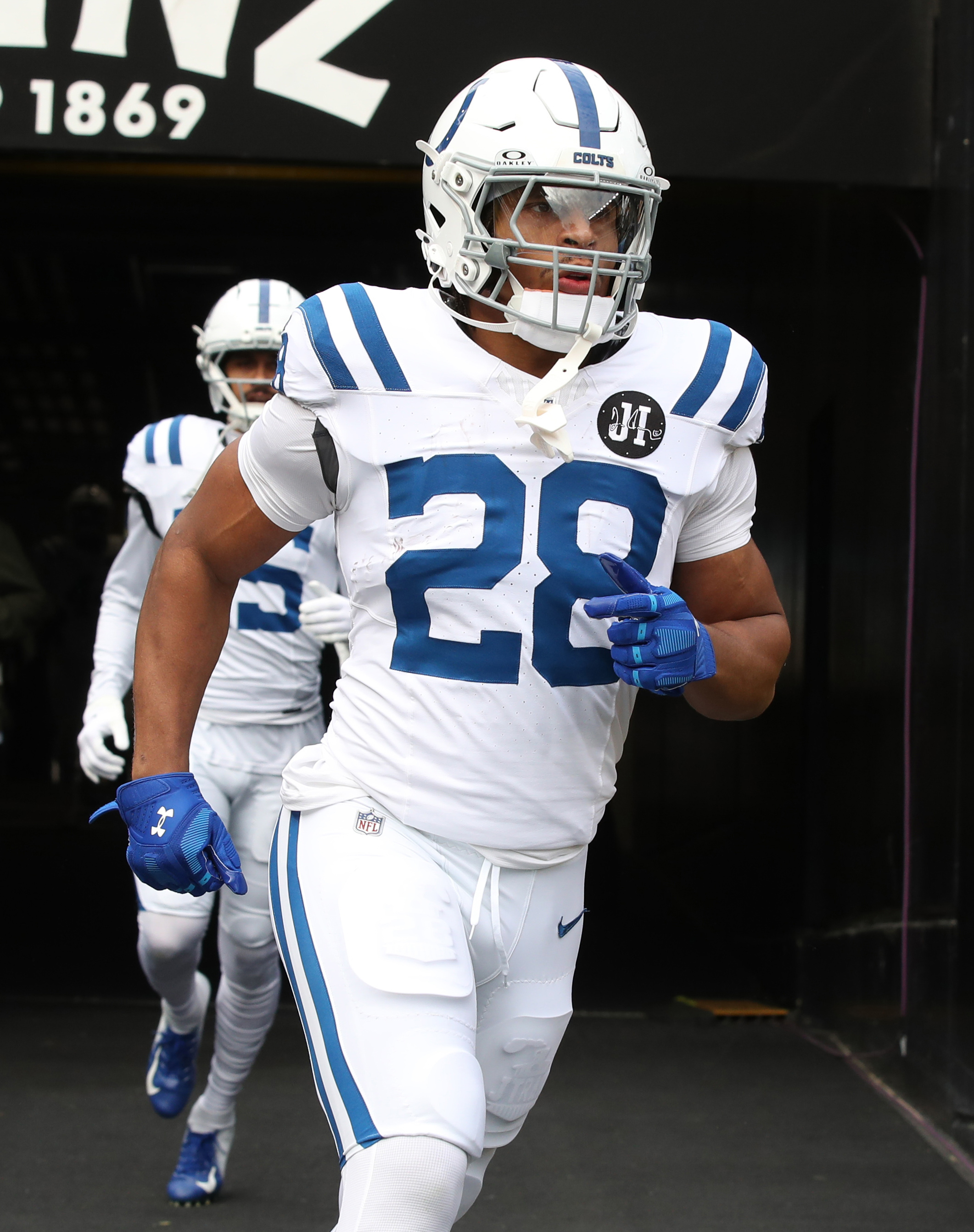 Indianapolis Colts running back Jonathan Taylor (28) takes the field to play the Pittsburgh Steelers at Acrisure Stadium.