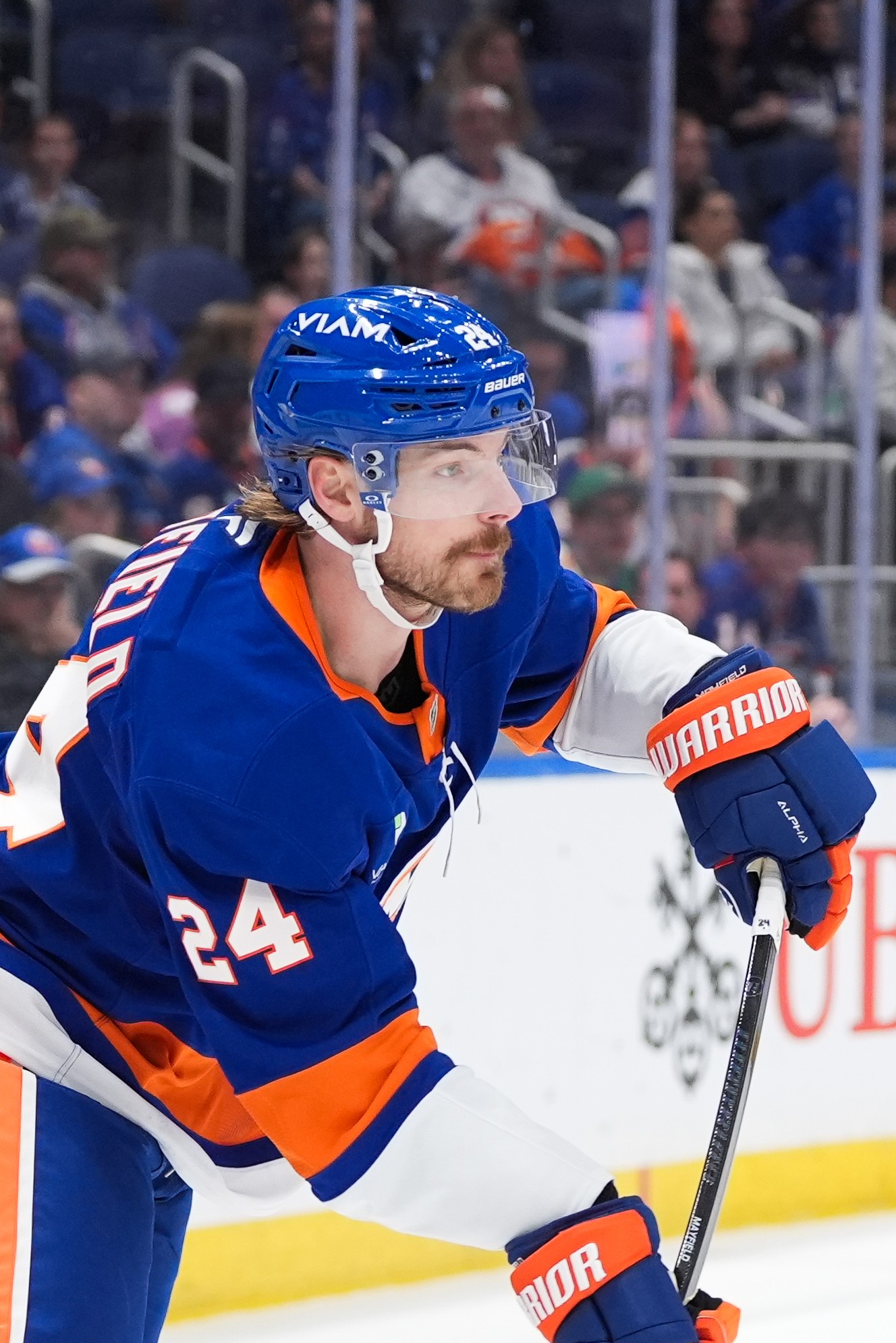 New York Islanders defenseman Scott Mayfield (24) passes the puck in the first period at UBS Arena.
