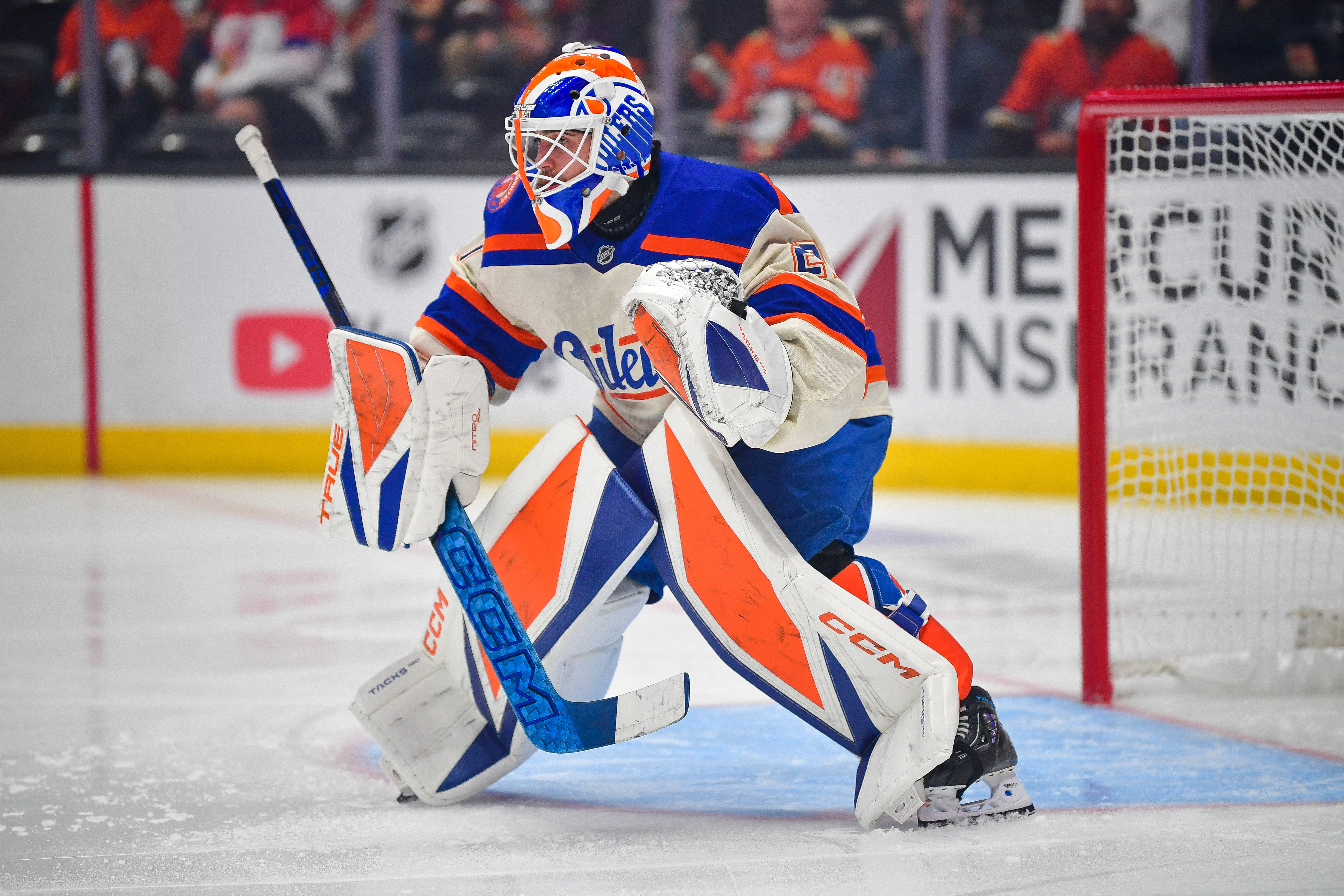 Edmonton Oilers goalie Devon Levi (27) defends the goal against the Anaheim Ducks during the first period at Honda Center.