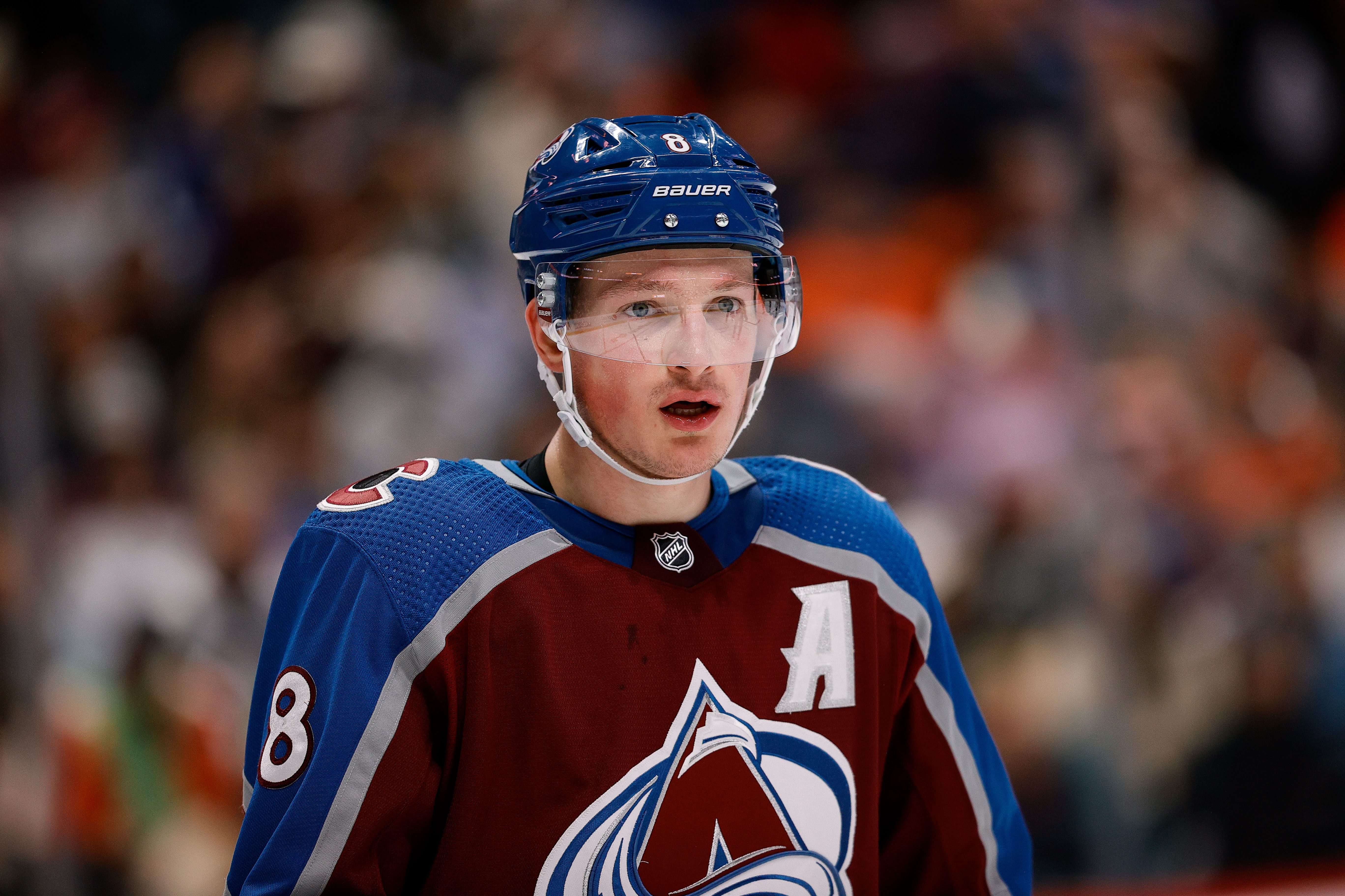 Colorado Avalanche defenseman Cale Makar (8) handles the puck against the Pittsburgh Penguins during the third period at PPG Paints Arena.