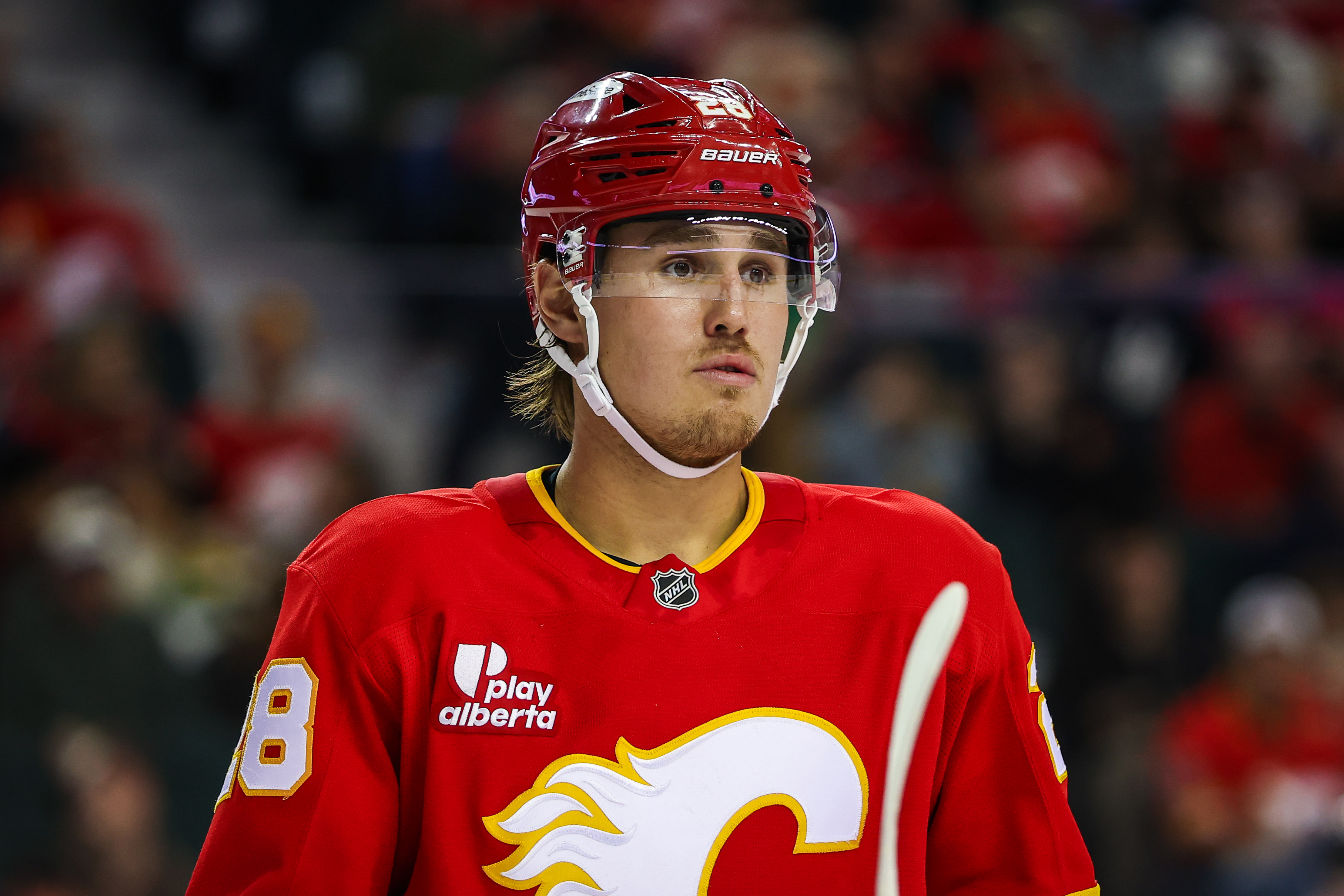 Calgary Flames defensemen Zach Whitecloud (28) waits for the play to begin against the Edmonton Oilers at Rogers Place.