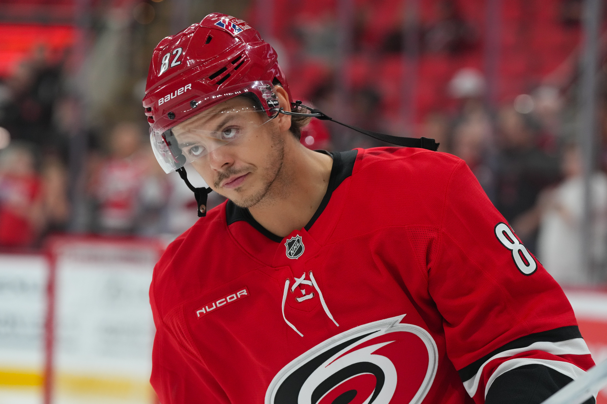 Carolina Hurricanes center Jesperi Kotkaniemi (82) skates during the warmups before the game against the Vancouver Canucks at Lenovo Center.