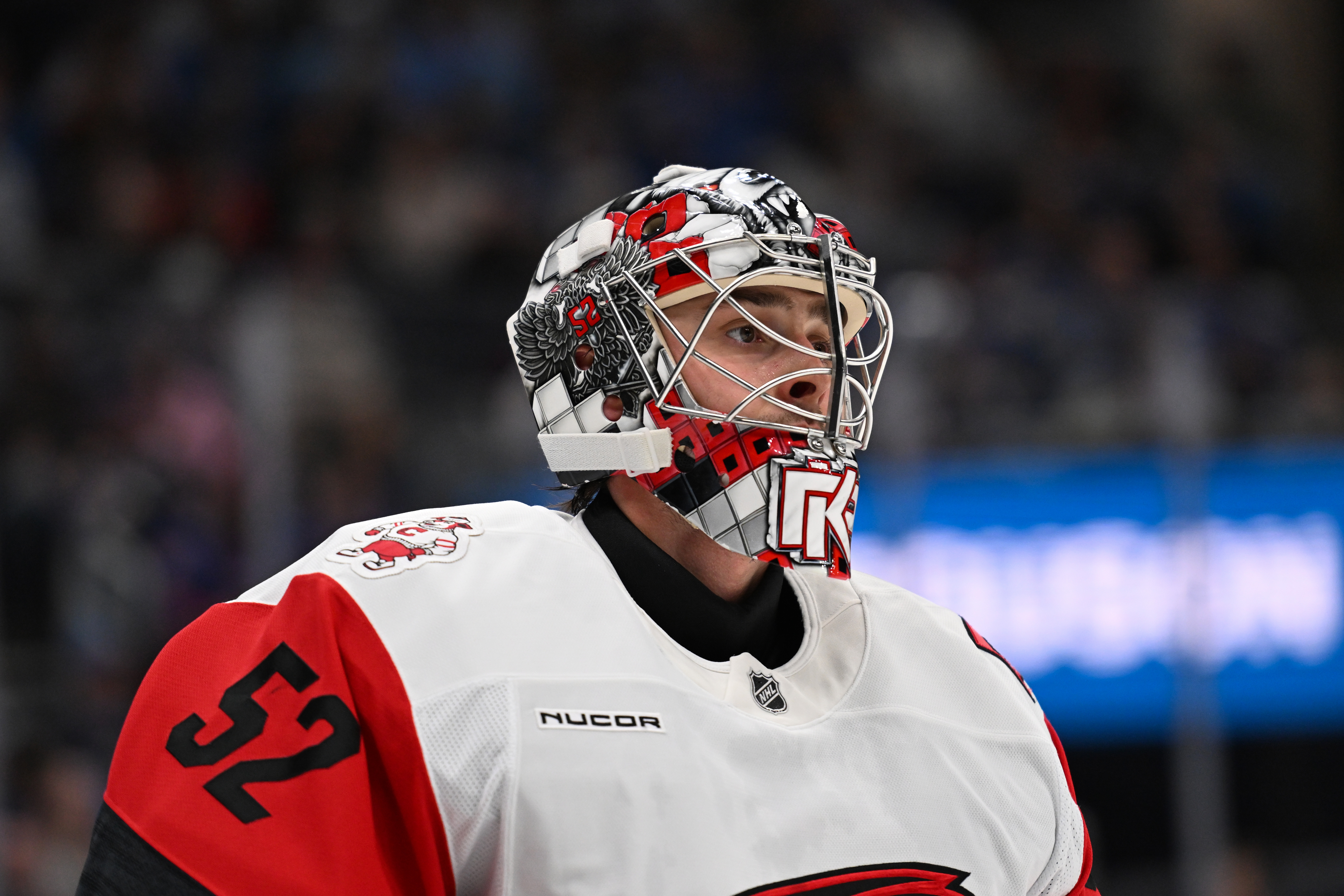 Carolina Hurricanes goaltender Pyotr Kochetkov (52) looks on during a game against the St. Louis Blues in the second period at Enterprise Center.
