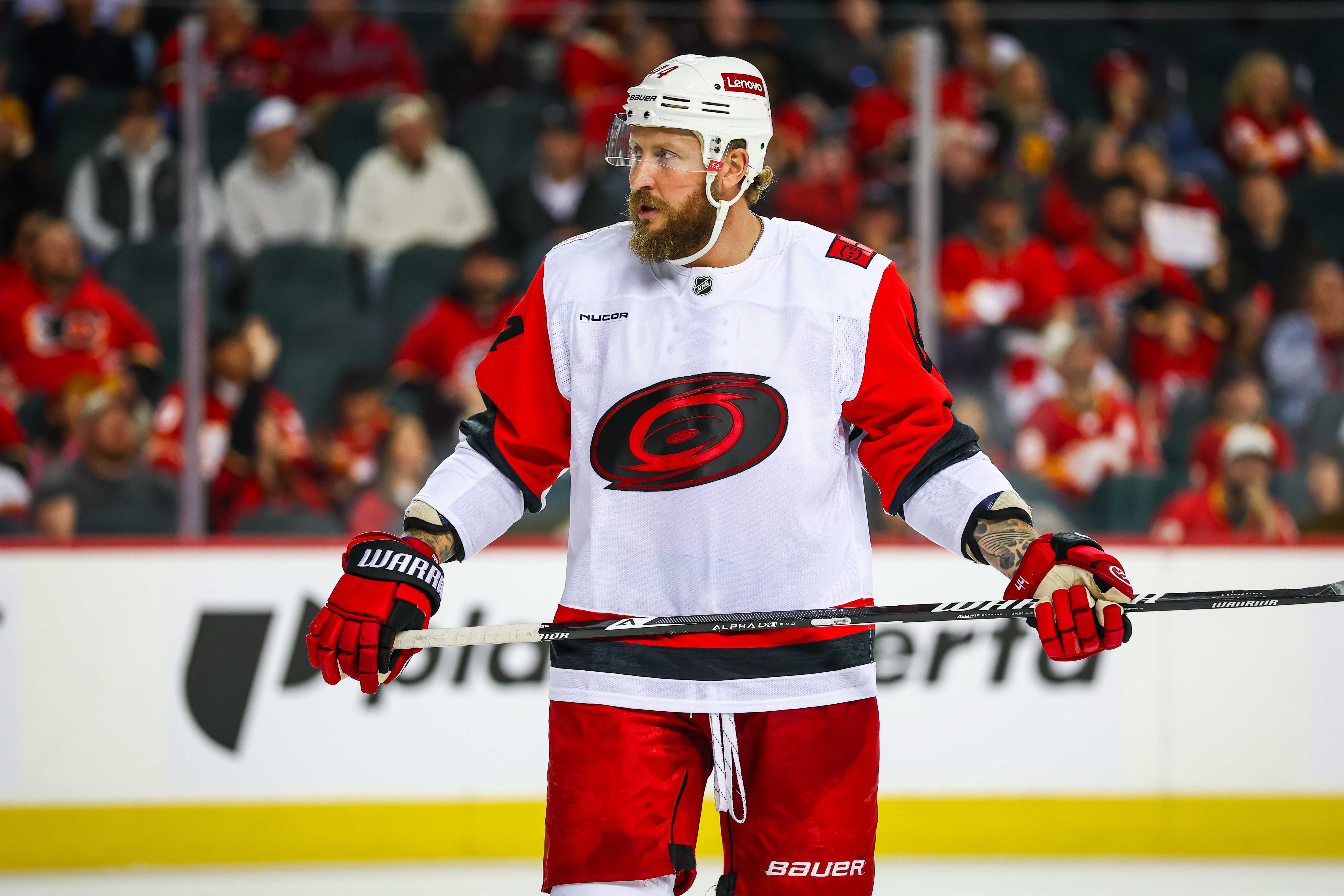 Carolina Hurricanes left wing Nicolas Deslauriers (44) celebrates scoring during the third period against the Vancouver Canucks at Rogers Arena.