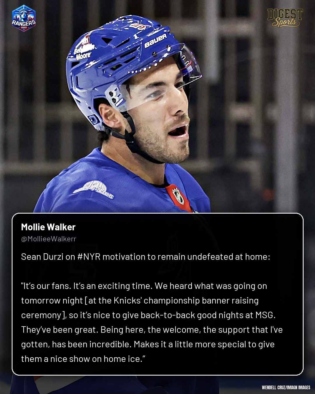 Durzi Credits Rangers Fans For Home-Ice Edge At MSG